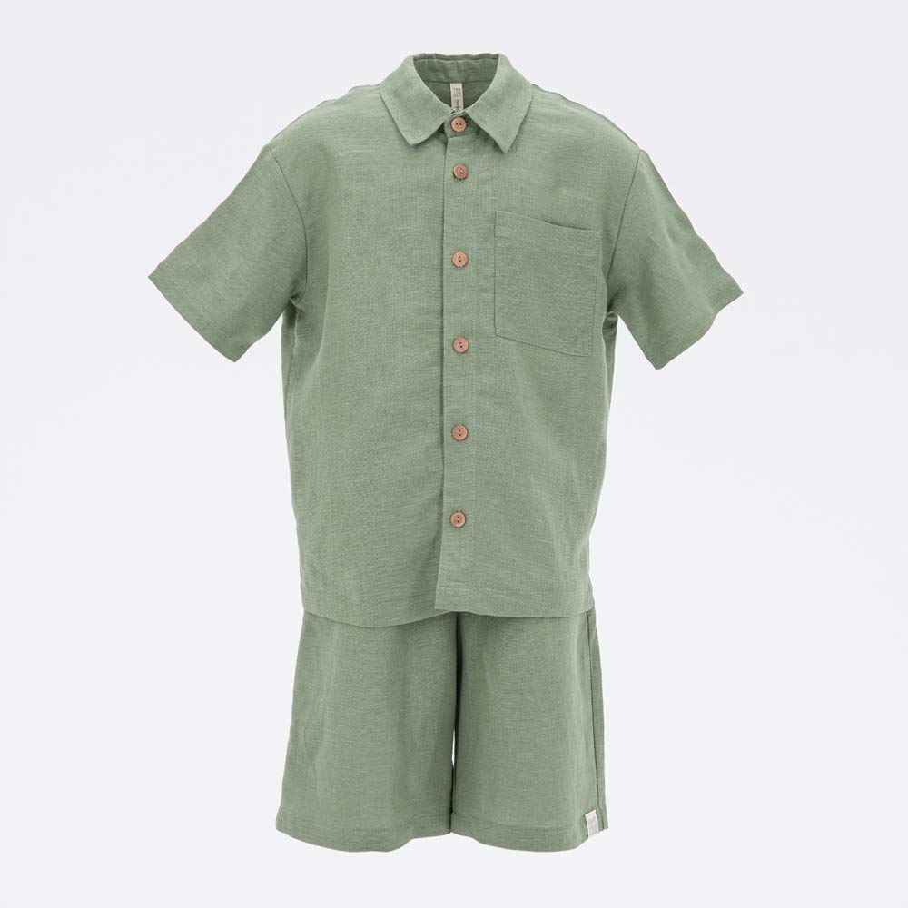 Костюм льняной для мальчика Котофей (рубашка и шорты) зеленый, 07764061-41